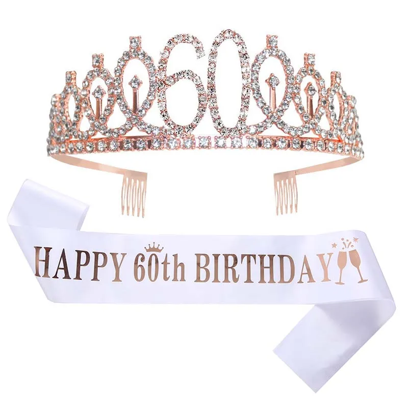 

White 60th Happy Birthday Sash for Women Girls 10 13 16 21 30 40 50 70th Satin Sashes Crown Tiaras Anniversary Party Decoration