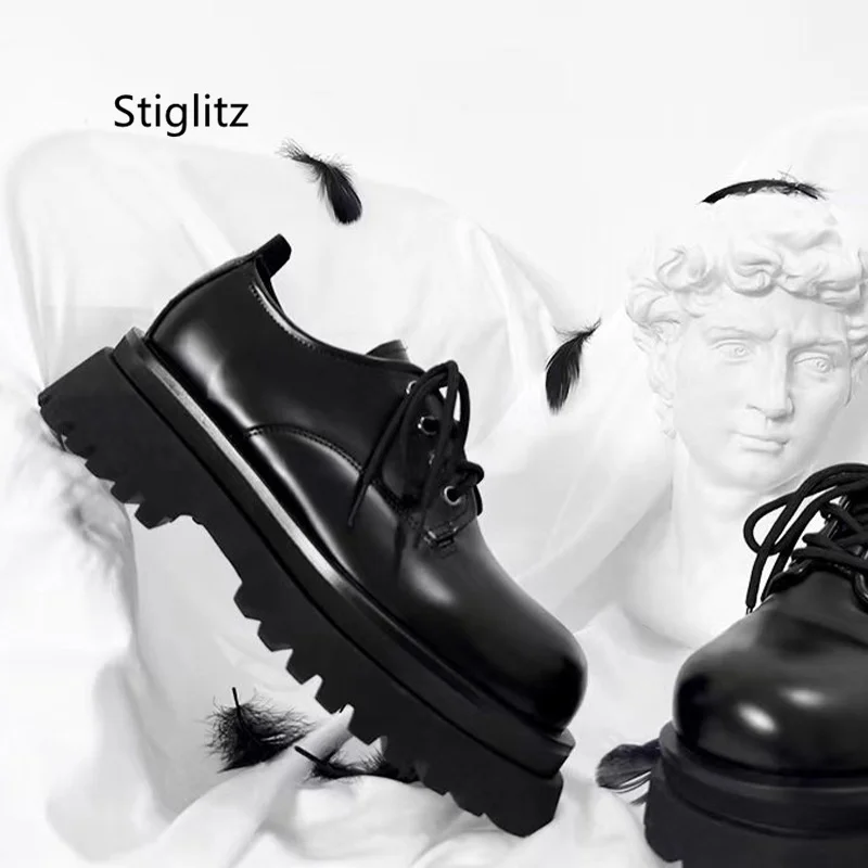 Повседневные кожаные туфли с круглым носком для мужчин и женщин дерби на толстой