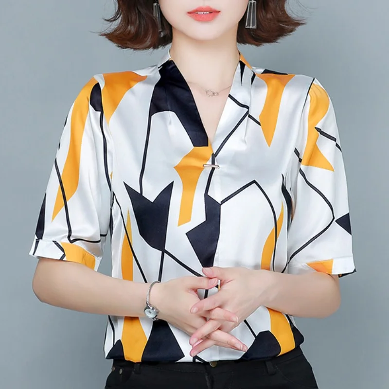 Fashion V-Neck Printed Loose Asymmetrical Blouse Women's Clothing 2023 Spring New Oversized Casual Pullovers Office Lady Shirt