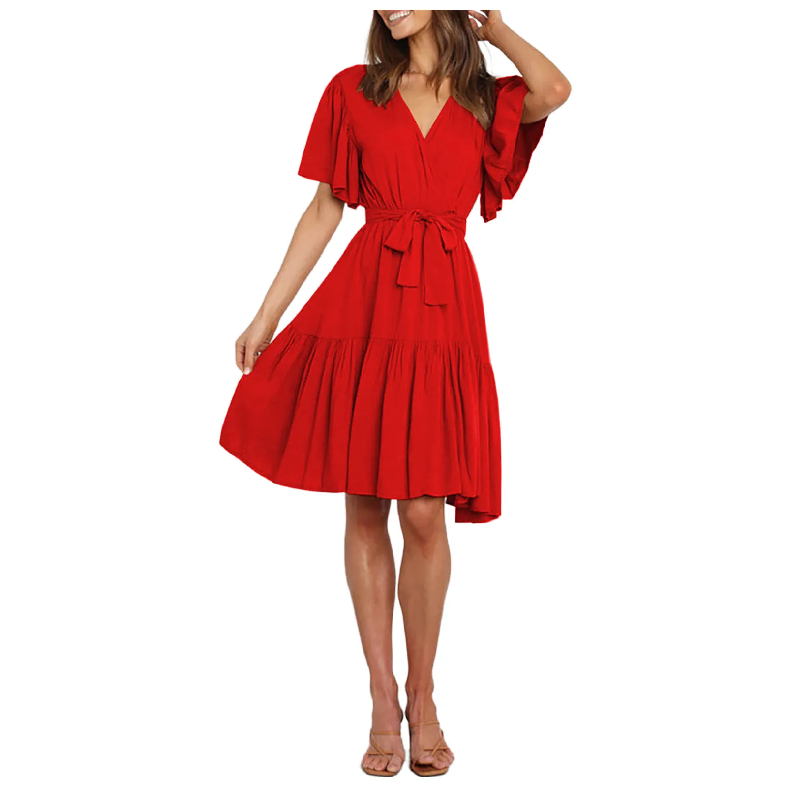 

Summer New Ruffled Hem With Tie Belt Dress Casual Solid Wrap V Neck Sundress Women Mini Dress Short Sleeves Robe Party Dresses
