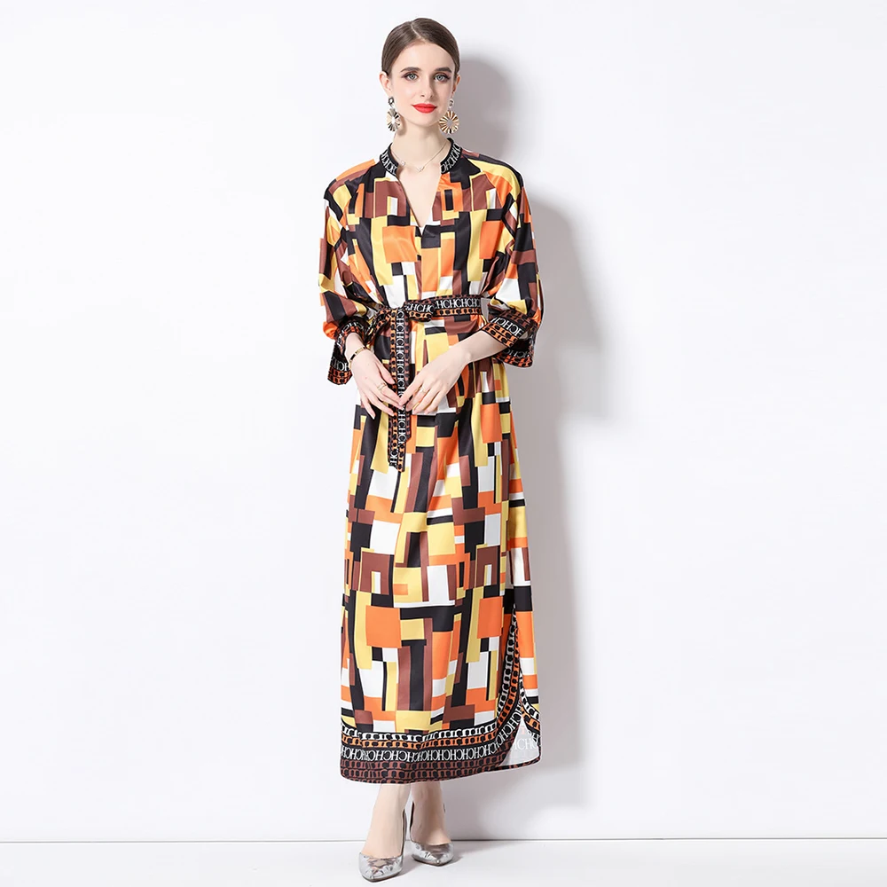 

Summer Fashion Runway Loose Shirt Maxi Dress Women's V-Neck Colorblock Letter Print High Waist Lace Up Holiday Robes A6015