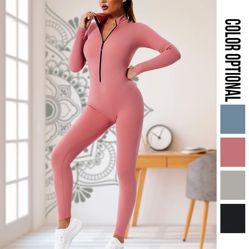 Seamless Zipper Yoga Jumpsuits Sports Fitness Hip-lifing Long-sleeved Jumpsuit Dance Bodybuilding Workout  Gym Clothes for Women