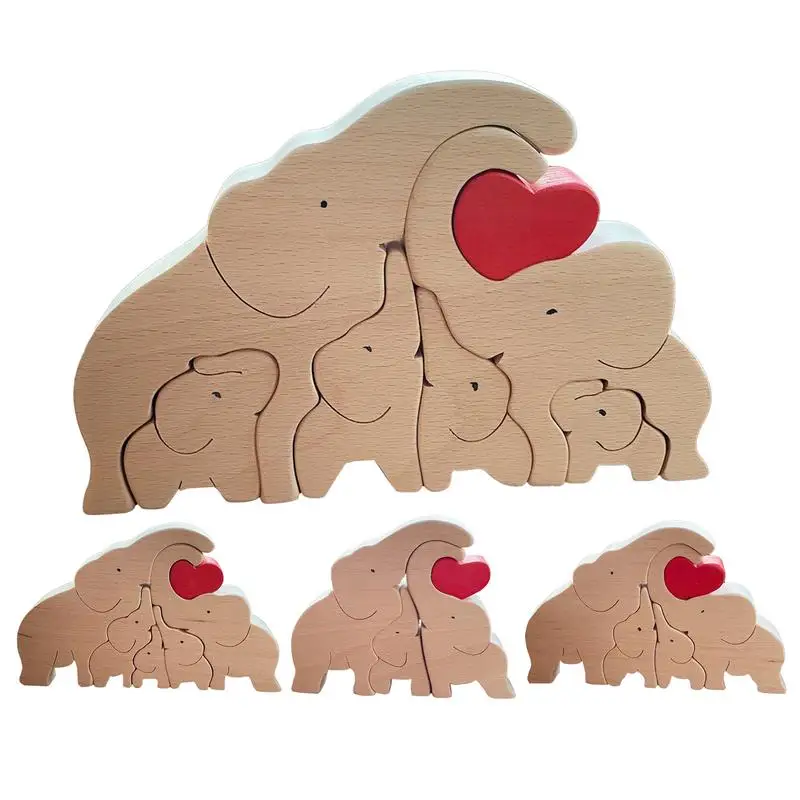 

Wood Name Puzzle Elephant Family Puzzle Desktop Sculpture Family Heart Puzzle Home Decoration Wooden Crafts