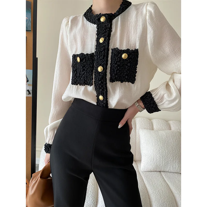 Slightly wrinkled texture small fragrance stitching gold buckle French collar shirt loose top office shirt women