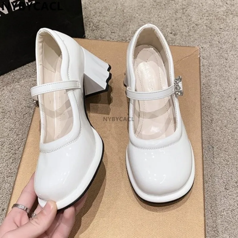 White Fashion Shallow Mouth High-heeled Women Pumps New French Retro Thick Heel Small Leather Shoe All-match Mary Jane Shoes New