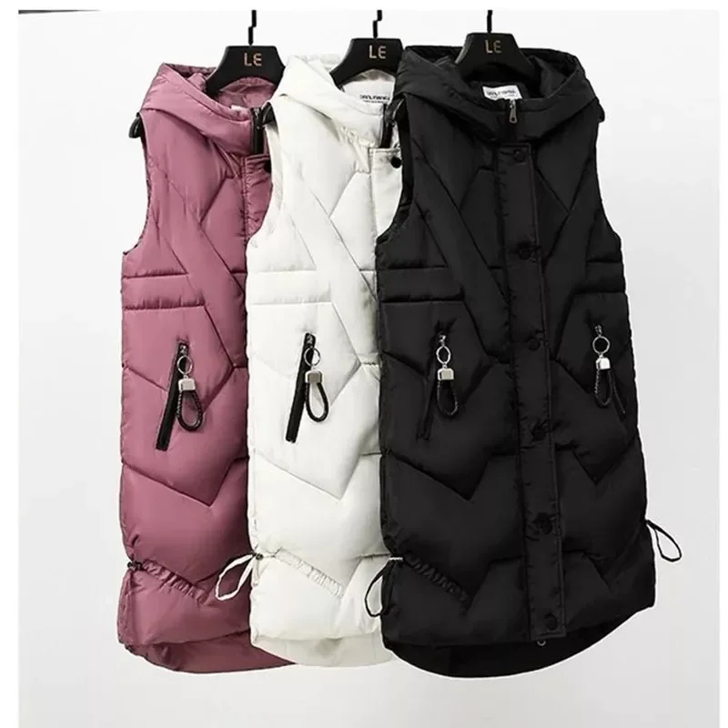 

Women Vests Coat Long Warm New women's Down Cotton 2021 Autumn Winter Wear Female Outerwear Hooded Sleeveless Female Waistc