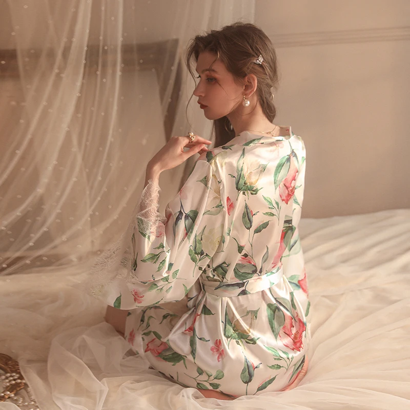 2023 Autumn Lingerie for Women Sexy Lace Perspective Temptation Pajamas Printed Lace-Up Robe Women's Homewear Set Sleepwear