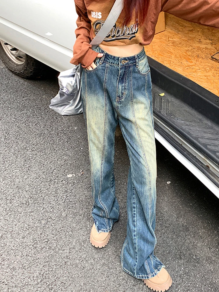 

Streetwear Vintage Mopping Jeans Women Simple Classic High Waist Straight Wide Leg Denim Trouser Y2k Retro Slit Jean Pants 2022