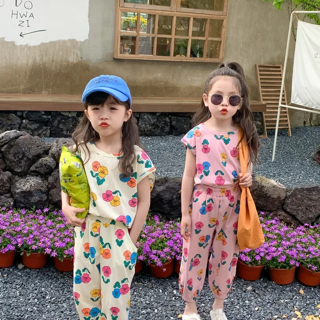 MILANCEL 2023 Summer Girls Set Vest Ninth Pants Loose Flower Suit Children Tops Kids Clothes 1