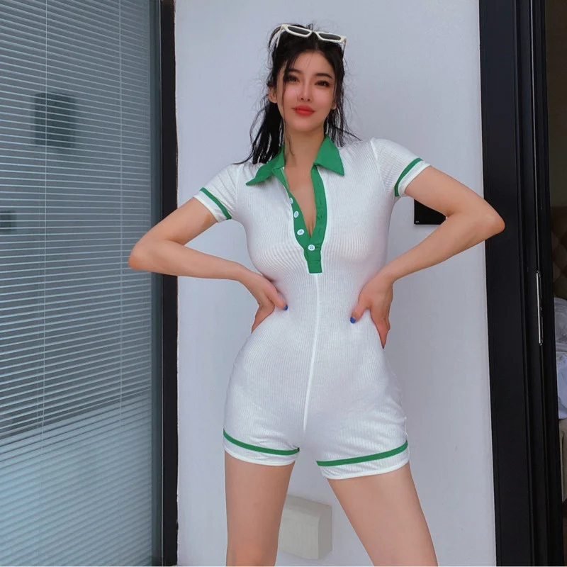 

Новинка 2022, элегантное милое модное повседневное Спортивное пикантное боди с воротником-поло и отложным воротником для тренировок, пикантн...