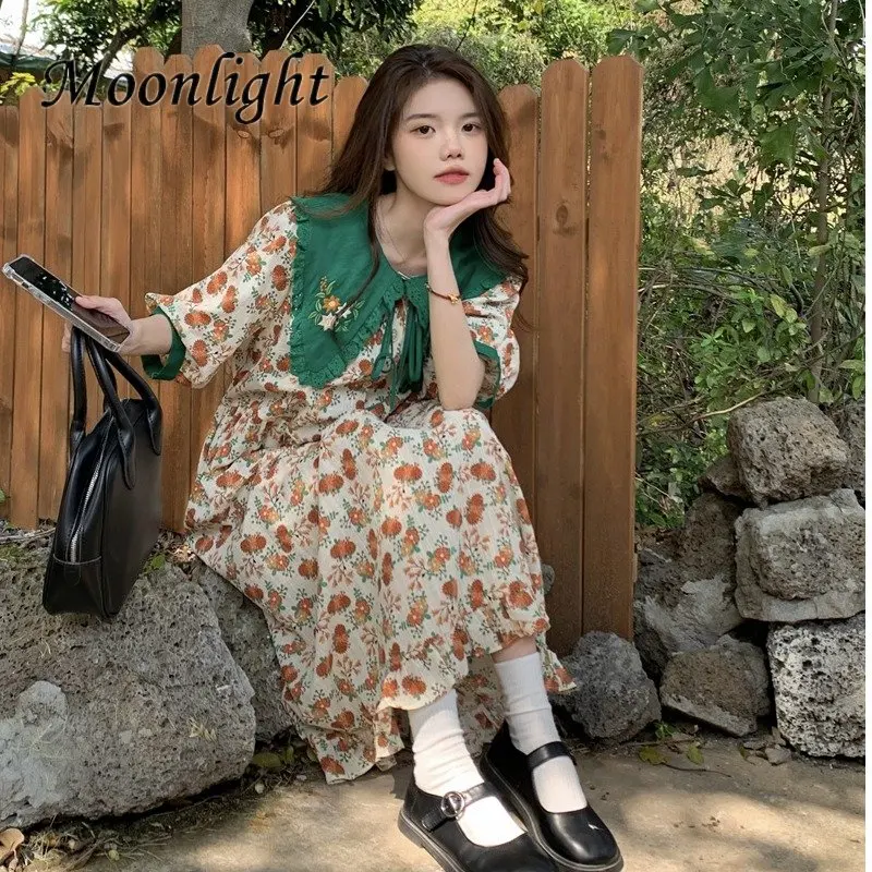 

Harajuku Vintage Embroidery Vestido Women Summer Japanese Peter Pan Collar Lace Up Dresses High Waist Mori Girl Loose Midi Dress