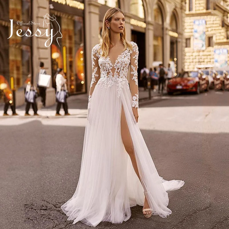 

Simplicity Wedding Dress Organza With Embroidery Slit A-line Floor Length Beach Gown O-neck Full Sleeve Backless Robes De Mariée