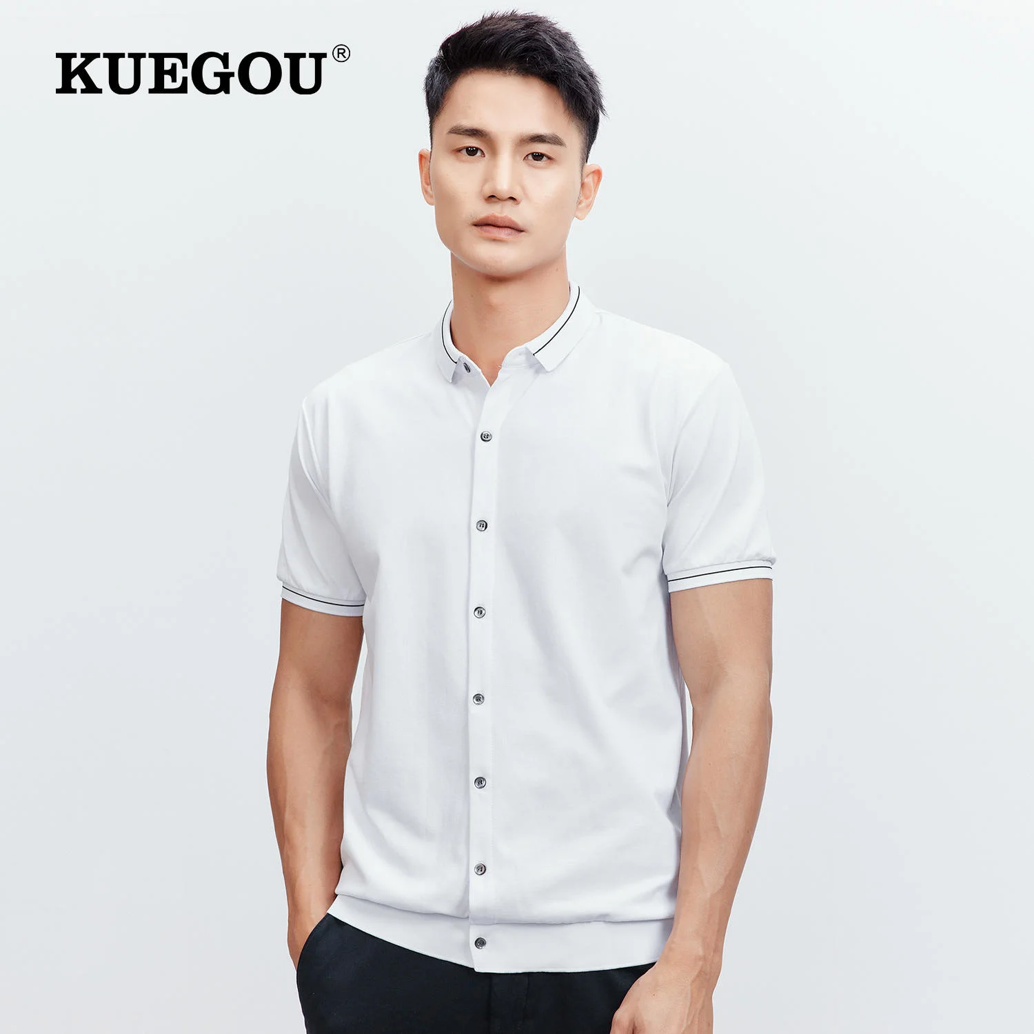 

KUEGOU 2022 Summer Cotton Knitted Cardigan White Polo Shirt Men Short Sleeve Poloshirt For Male Clothes Brand Plus Size Top 3391