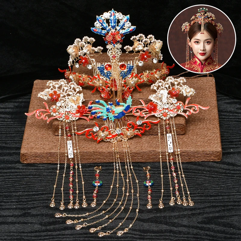 

Newly Chinese Ancient Wedding Jewelry Set Traditional Classic Bridal Headwear Tiara Golden Phoenix Crown Hairpins Earrings