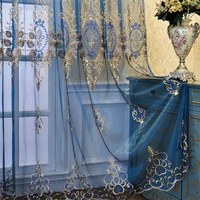 european villa luxury embroidered blue tulle curtain for living room bedroom gold rose embroidery lace sheer panel custom 4
