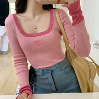 2021 fall long sleeve o neck women sweaters vintage flower embroidery sweaters pink sweater harajuku sweater sweety girl casual