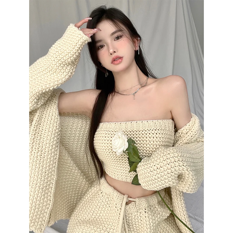 

Y2k Knitted Cardigan Women's Spring Thin Outer Suit 2022 New Gentle Loose Long-sleeved Short Tops 3-piece Set