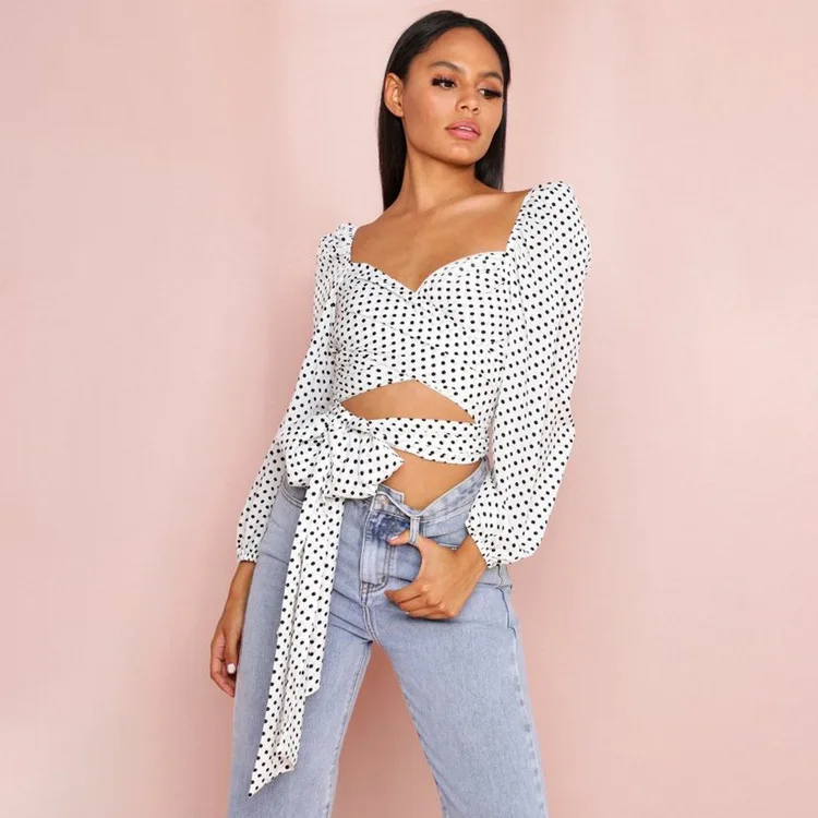 

Casual fashion commuter polka-dot V-neck straps navel wrap chest short top tie thin puff sleeves long sleeves women's summer