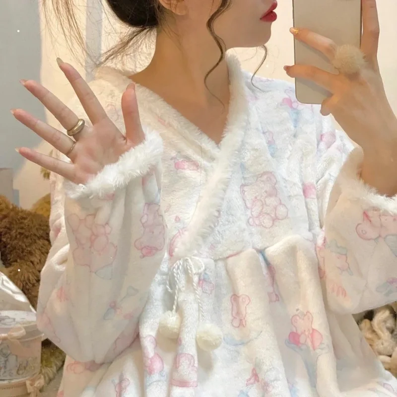 QWEEK Warm Coral Velvet Women's Pajamas Set Trouser Suits Kawaii Two-piece Cute Soft Japanese Sweets Home Wear Clothes