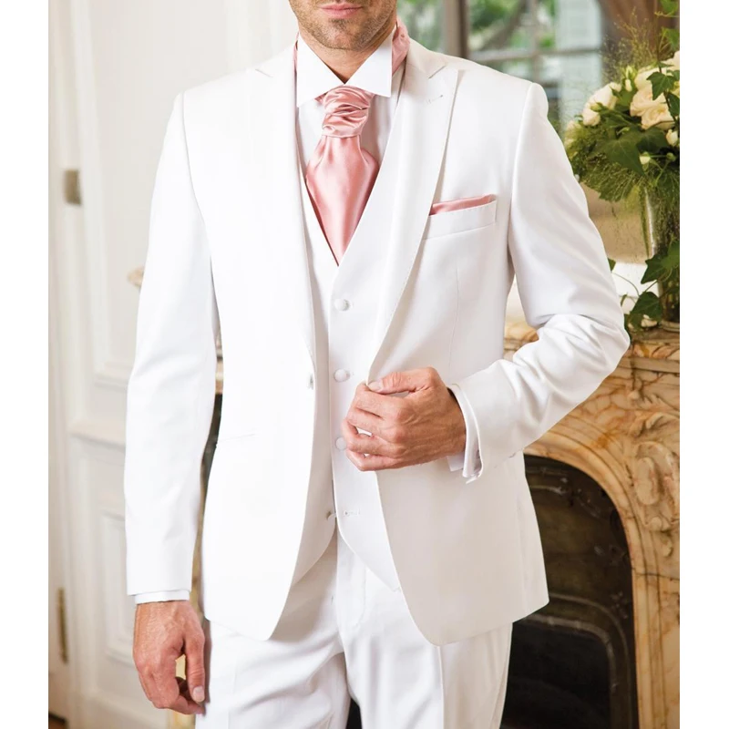 

White Formal Groom Tuxedo for Wedding Peaked Lapel 3 Piece Prom Men Suits with Pants Vest Male Fashion Jacket Latest Style