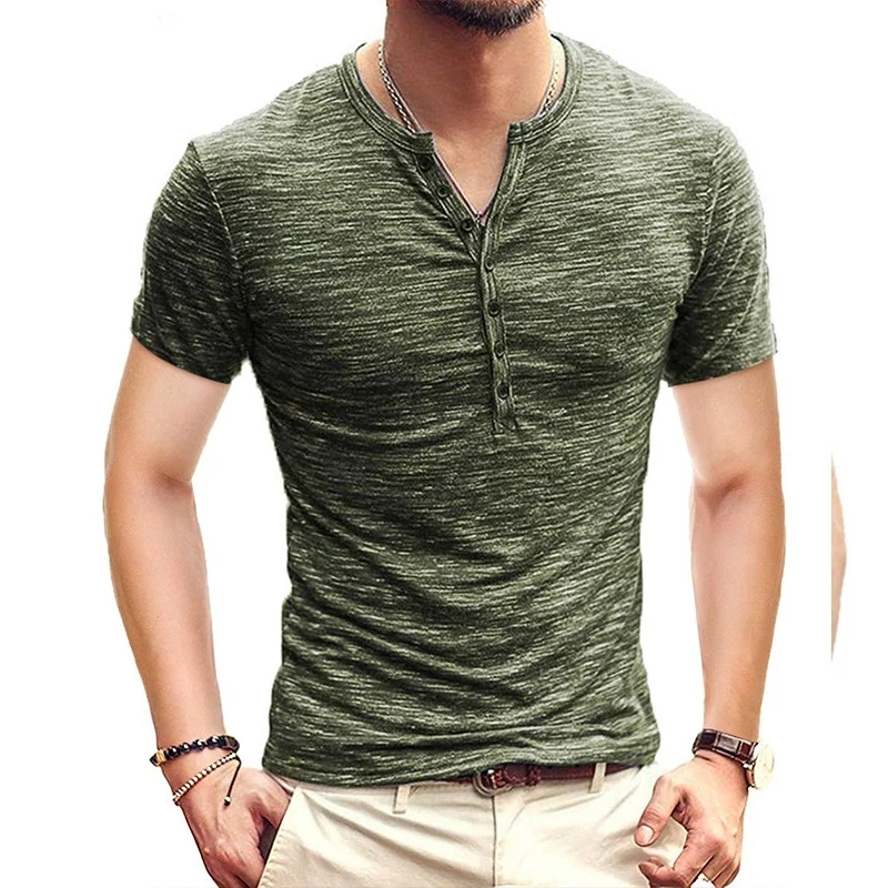 

B8752 Men Henley T Shirt Short Sleeve Stylish Slim Fit T-shirt Button Up V Neck Casual Men Tshirts US Size