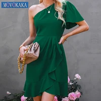 movokaka woman summer sexy one shoulder dress party elegant inclined shoulder flounced edge vestids beach casual solid dresses