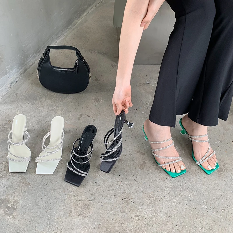 

Women Pumps Slippers Thin High Heels Sandals 2022 New Summer Fashion Casual Ladies Rhinestones Slides Green Female Rubber Shoes