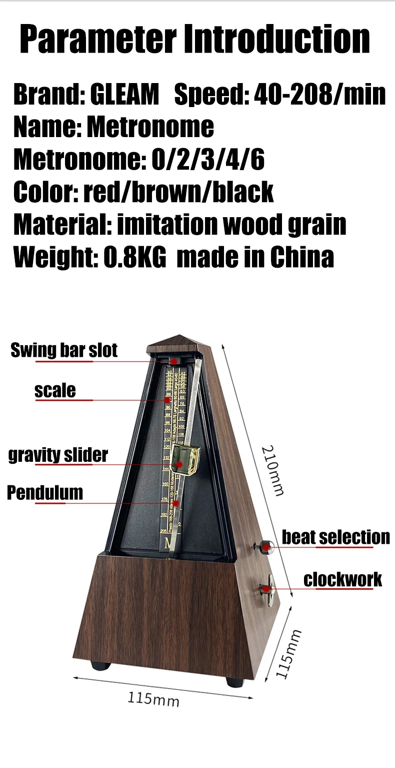 Standard Universal Guitar Metronome Mechanical Metronome Wood Design for Guitar Violin Piano Bass Drum Practice for Beginners