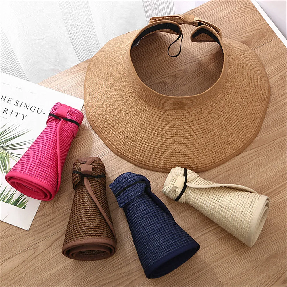 

Summer Women Roll Up Sun Visor Wide Brim Straw Hat Handmade Foldable Bowknot Sun Shade UV Protection Cap Beach Travel Sunbonnet