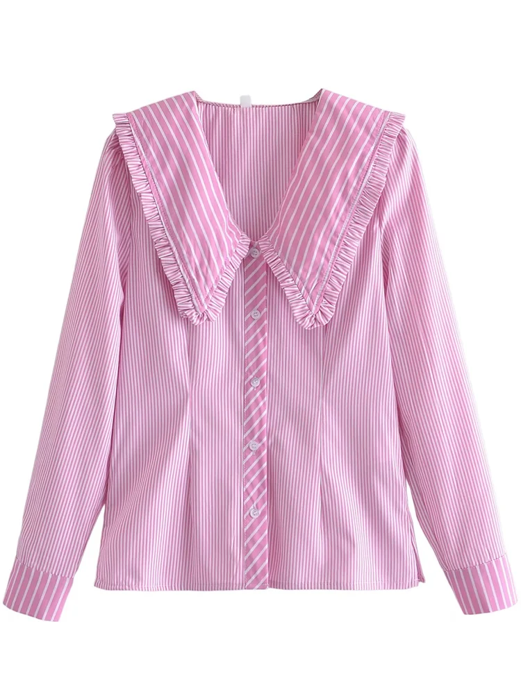 

XEASY Vintage Striped Women Casual Loose Shirts 2022 New Spring Fashion Female V Neck Long Sleeve Blouses Single Breasted Chic