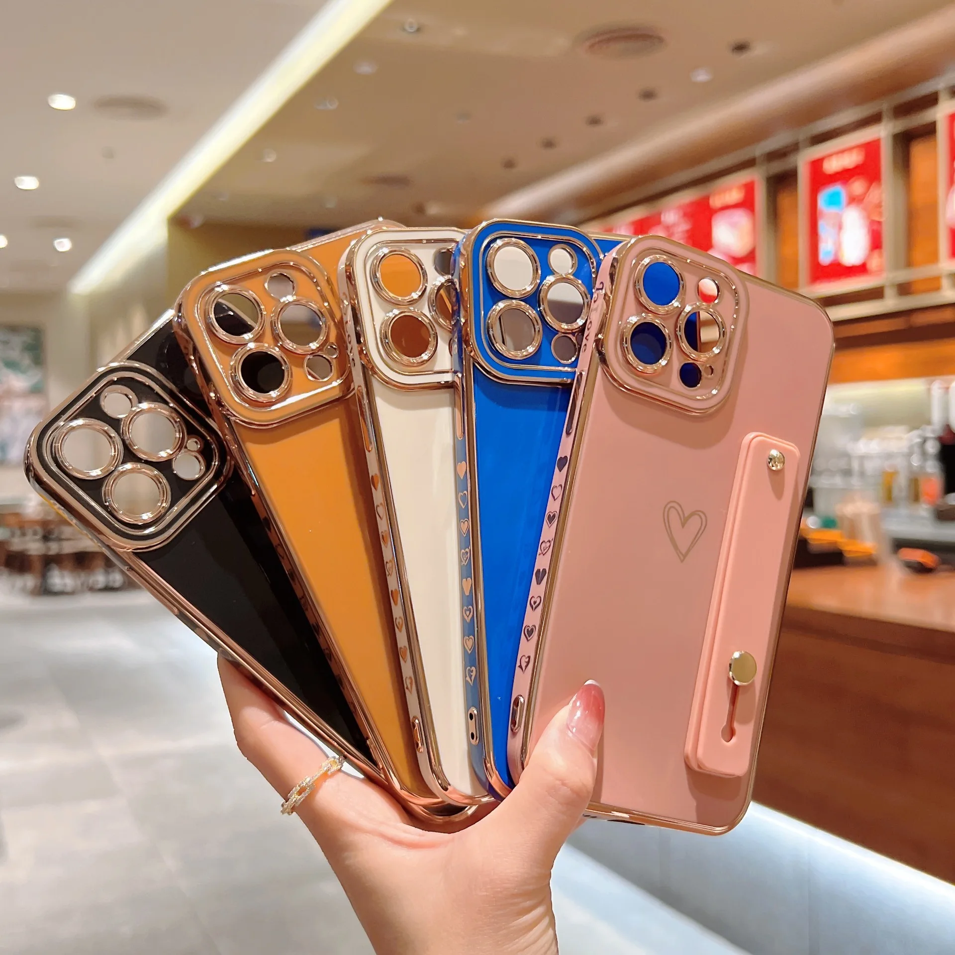 

Plating Wrist Strap Holder Stand Soft Case For iPhone 13 12 11 Pro Max XS Max XR X 7 8 Plus SE 2020 Lens Protection Cover