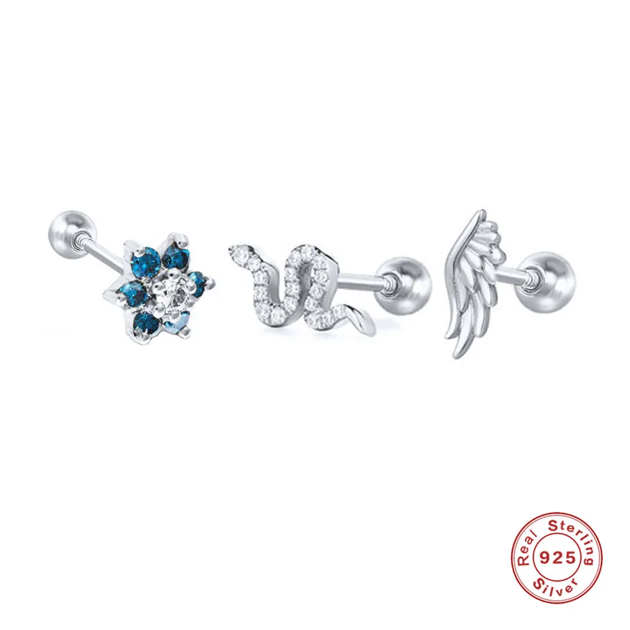 Aide 925 Стерлинговое серебро белый камень CZ цветок серьги-гвоздики в виде змеи для Для женщин Циркон глаз в форме Толстовка с капюшоном, надписью «Angel» и принтом «крылышки из нержавеющей стали, серьги-гвоздики