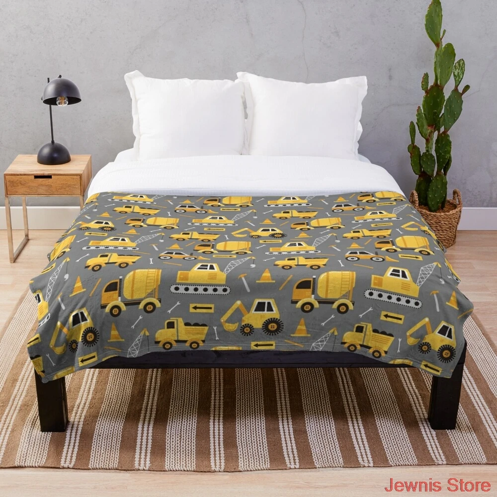 

Construction Trucks on Gray Throw Blanket Printing Soft Blanket Throw On Home/Sofa/Bedding Portable Adult Travel Cover Blanket