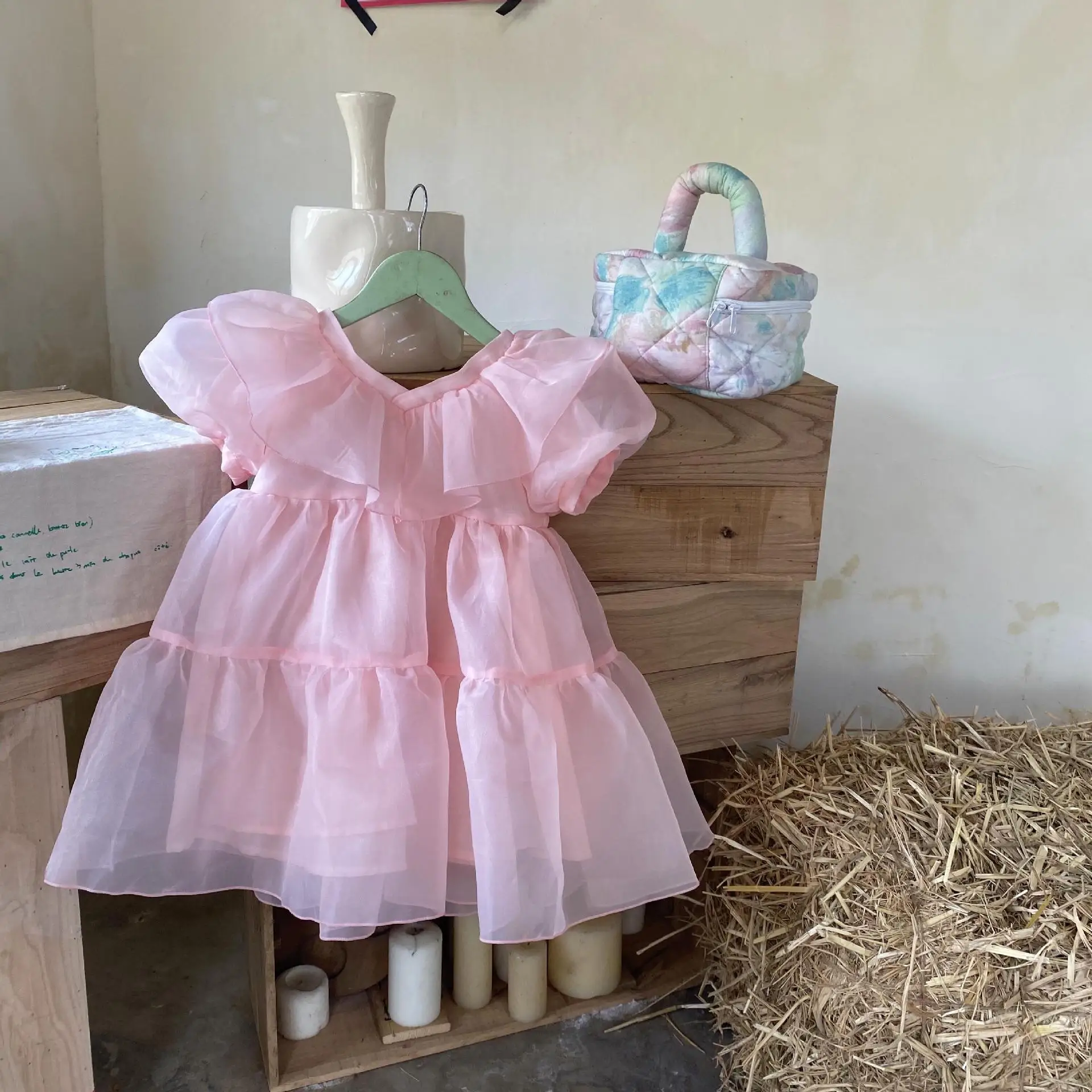 

2022 Summer New Korean Kidsl Uxury Clothing Girls Dress Puff Sleeve Princess Dress Simple Style Fashion Boutique Clothes