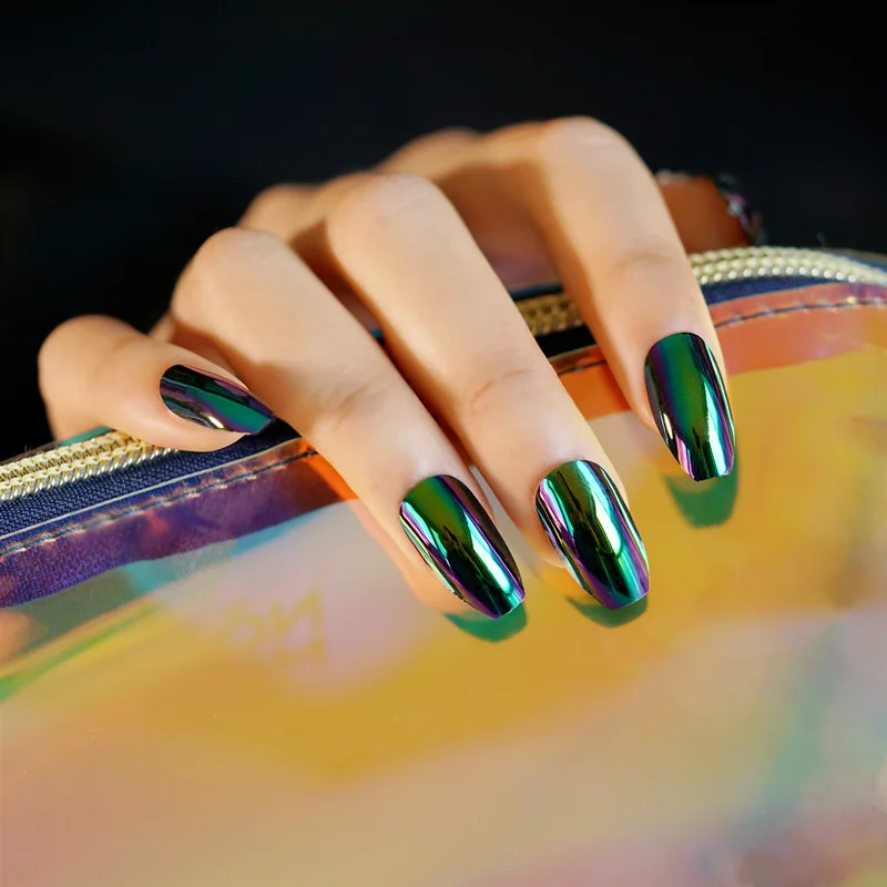 

24Pcs/Box with Glue Transform Color Specular Nails Ins Style Fake Nails Press on Nails Coffin False Nails Full Cover