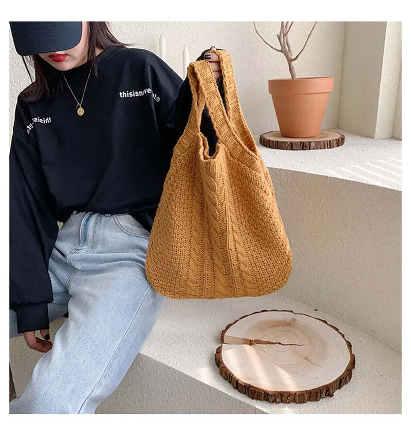 

Сумка женская шерстяная вязаная под подмышку, винтажный тоут для девушек, дизайнерская вместительная сумочка для покупок с верхней ручкой