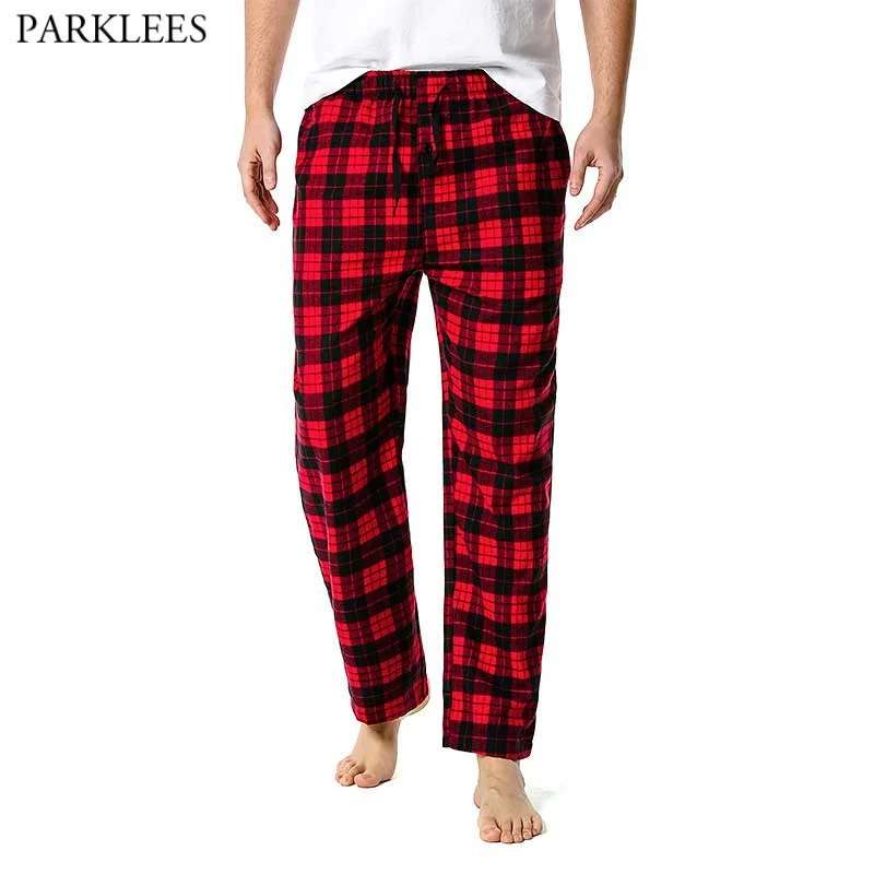 

Red Black Plaid Pajama Pants Men Lounging Relaxed House PJs Slp Bottoms Mens Flannel Cotton Dstring Button Fly Slpwear