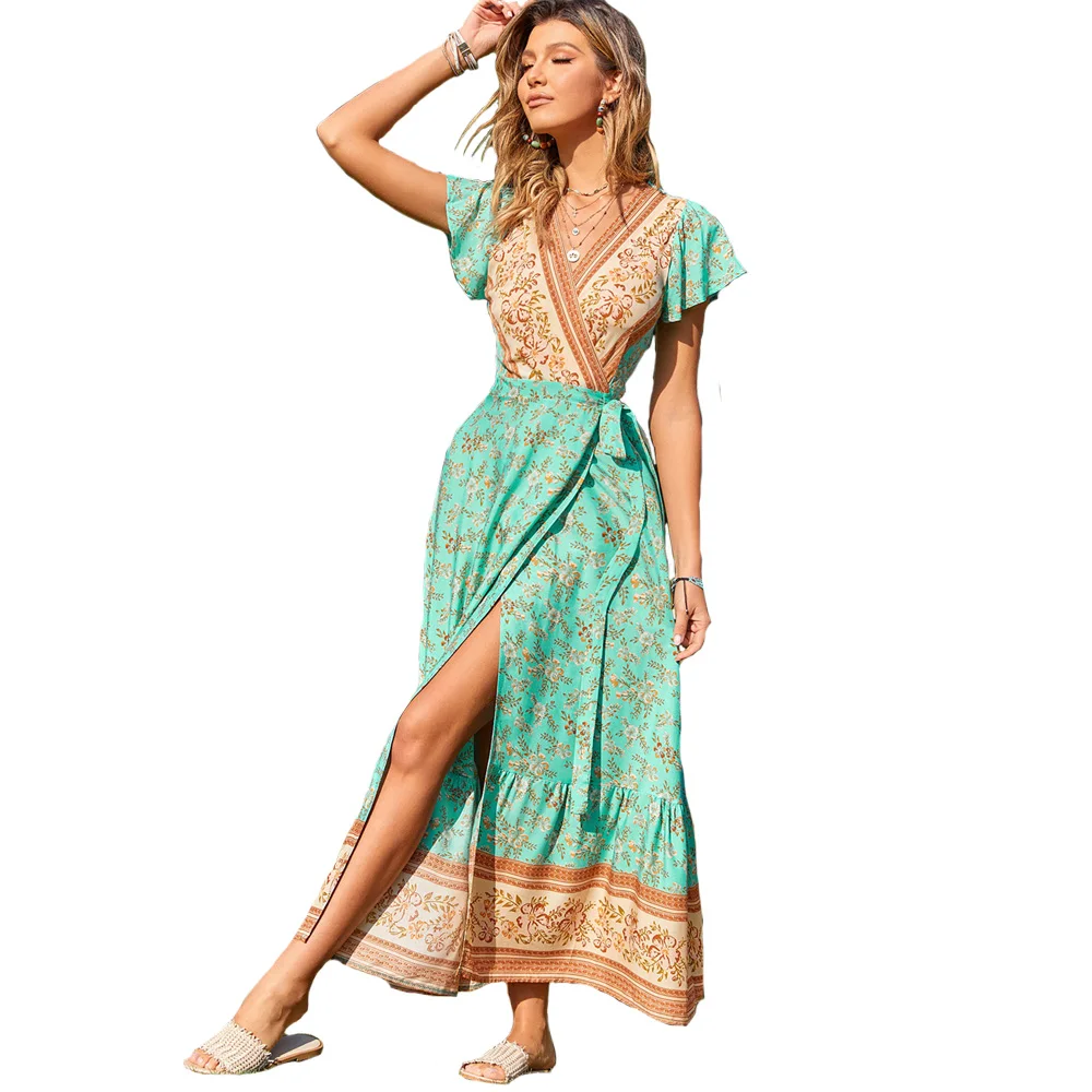 

Vintage Print Dress Fashion V-Neck Short Sleeve Slit Lace Up Dress Bohemia Ethnic Cotton Floral Print Wrap Dresses Vestidos