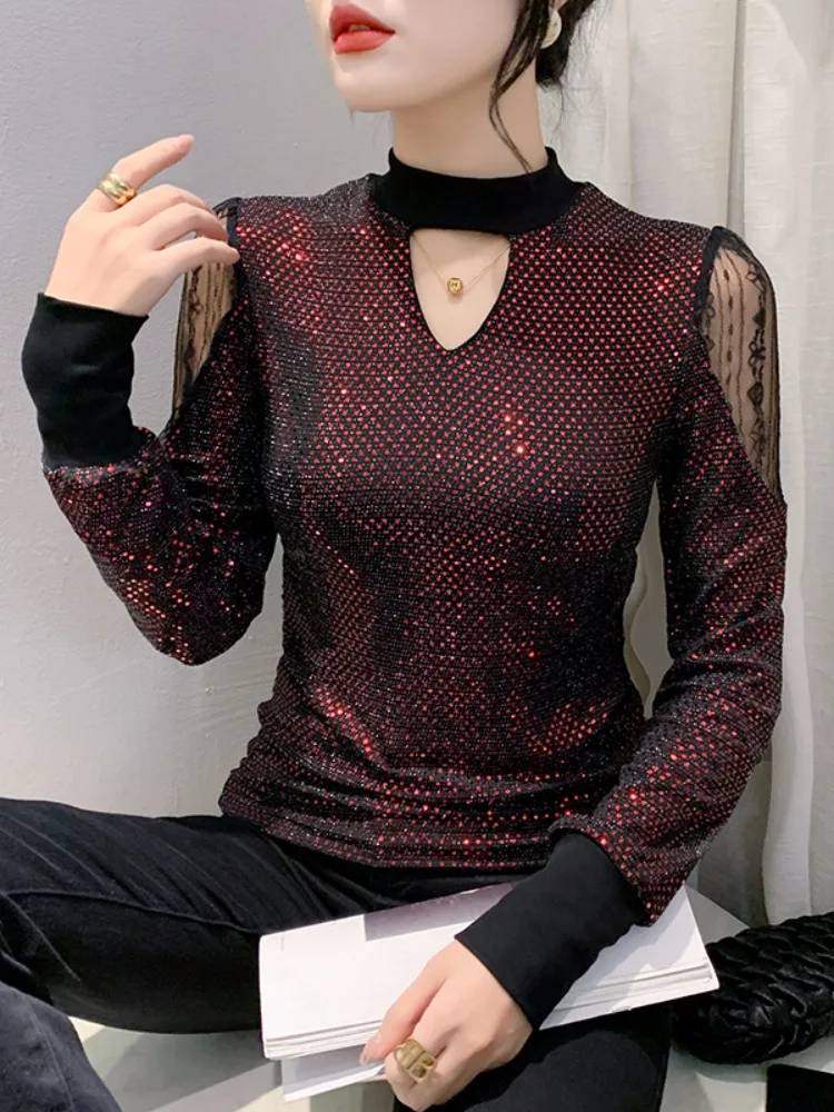 Женская футболка с длинным рукавом эластичная Сетчатая блестками и вырезами
