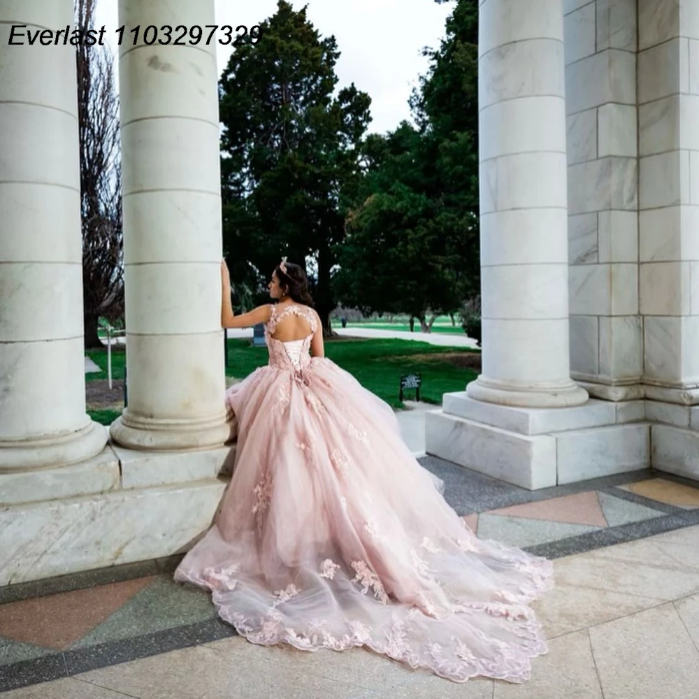 Блестящее розовое платье EVLAST для Quinceanera бальное с аппликацией и бисером корсет