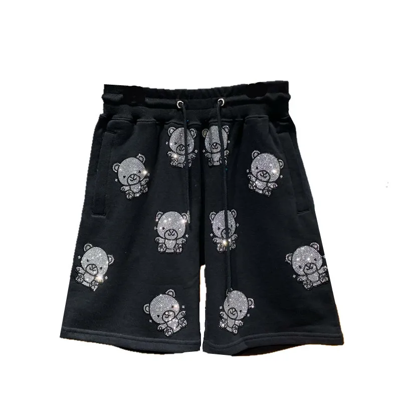 Heavy Embroidery Hot Drilling Casual Cartoon Bear Terry Cotton Half Pants Women's 2023 Summer Light Luxury Fashion Brand Shorts