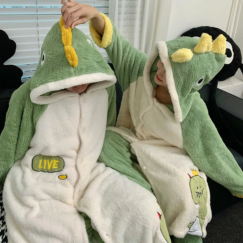 Кавайная ночная рубашка с динозавром для мужчин и женщин зимняя утепленная