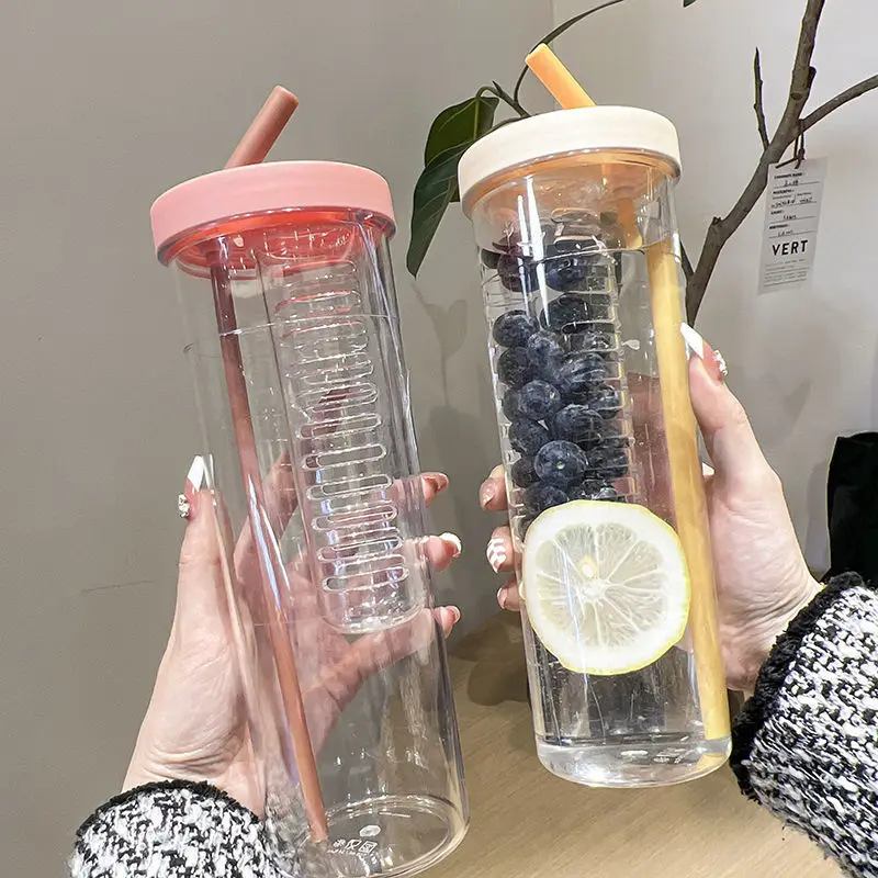 

700ML Large Capacity Straw Cup Transparent No Leakage Water Cup Portable Lemon Juice Cups Filter Cute Drinking Bottle for Girl