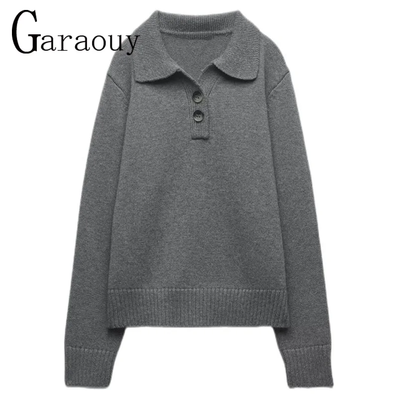 

Garaouy 2023 Women New Spring Autumn Fashion Solid Knit Sweaters Polo Long Sleeve Buttons Casual Simple Pullover Mujer Jumper