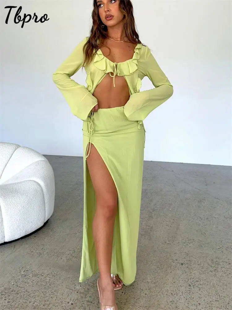 

Woman Mesh Ruffles Tie Up Top Shirts Green Long Sleeve Bodycon Maxi Skirt Two Piece Set Sexy Women Beach Outfits Club Party