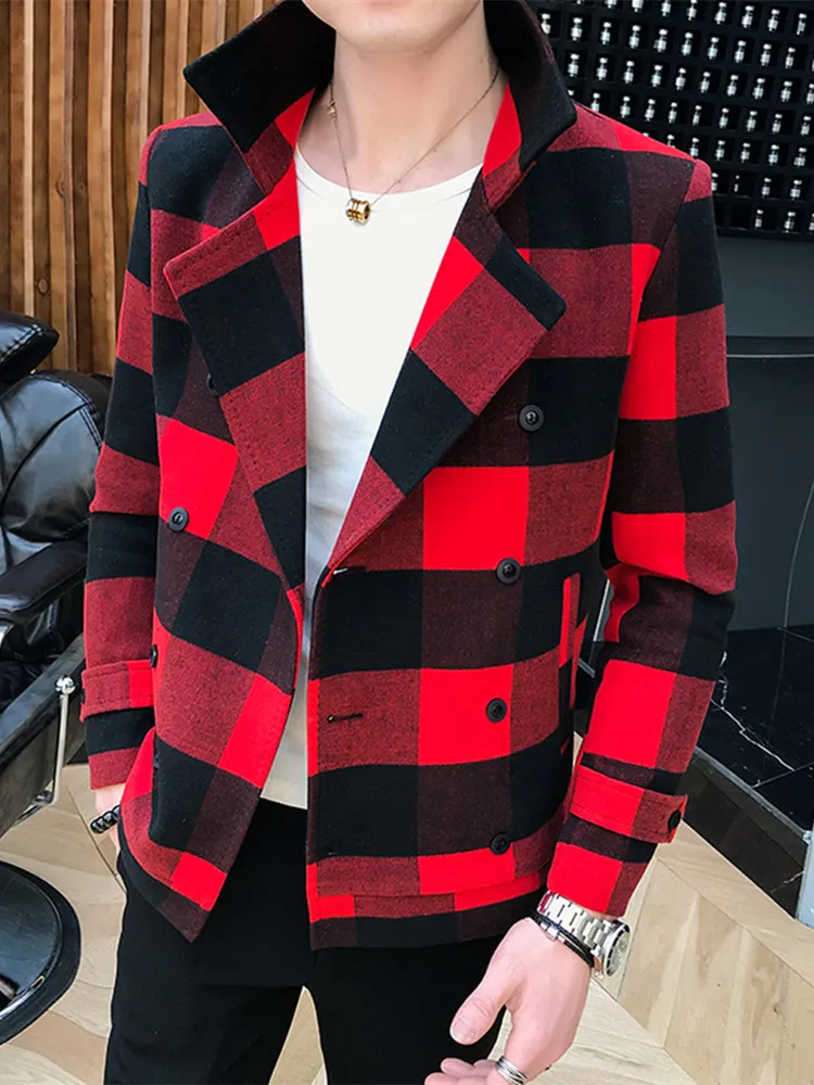 

Men's spring and autumn casual slim short section plaid thin section woolen long-sleeved coat 5 colors optional plus size M-5XL