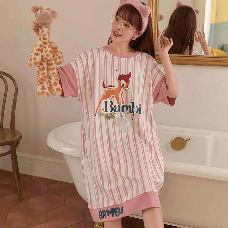 Disney Bambi Deer Ladies Cute Kawaii Cotton Night Dress Ladies O-neck Nightgown Nightdress Home Sleepwear Nightwear Summer 2022