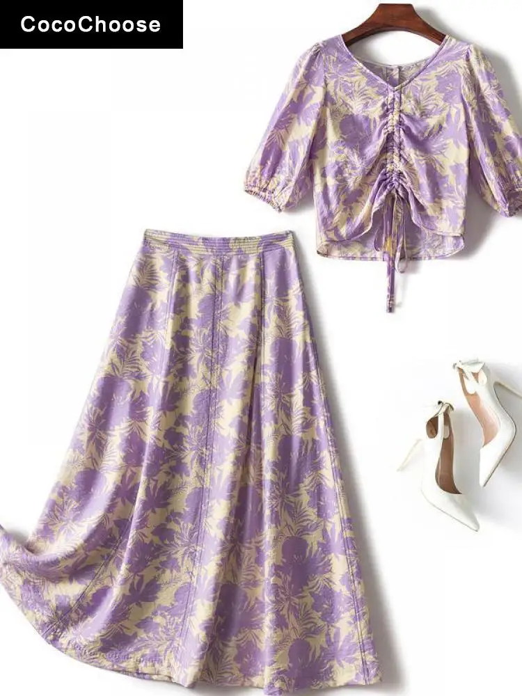 

High End Designer Floral Dress Set Summer 2022 Runway Fashion Women Short Sleeve Shirred Cropped Top and Long Skirt Suit Outfits