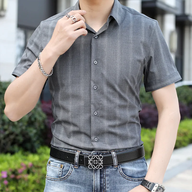 

2022 new casual shirt men's short-sleeved striped shirt slim fit all-match thin trend short-sleeved shirt men harajuku shirt
