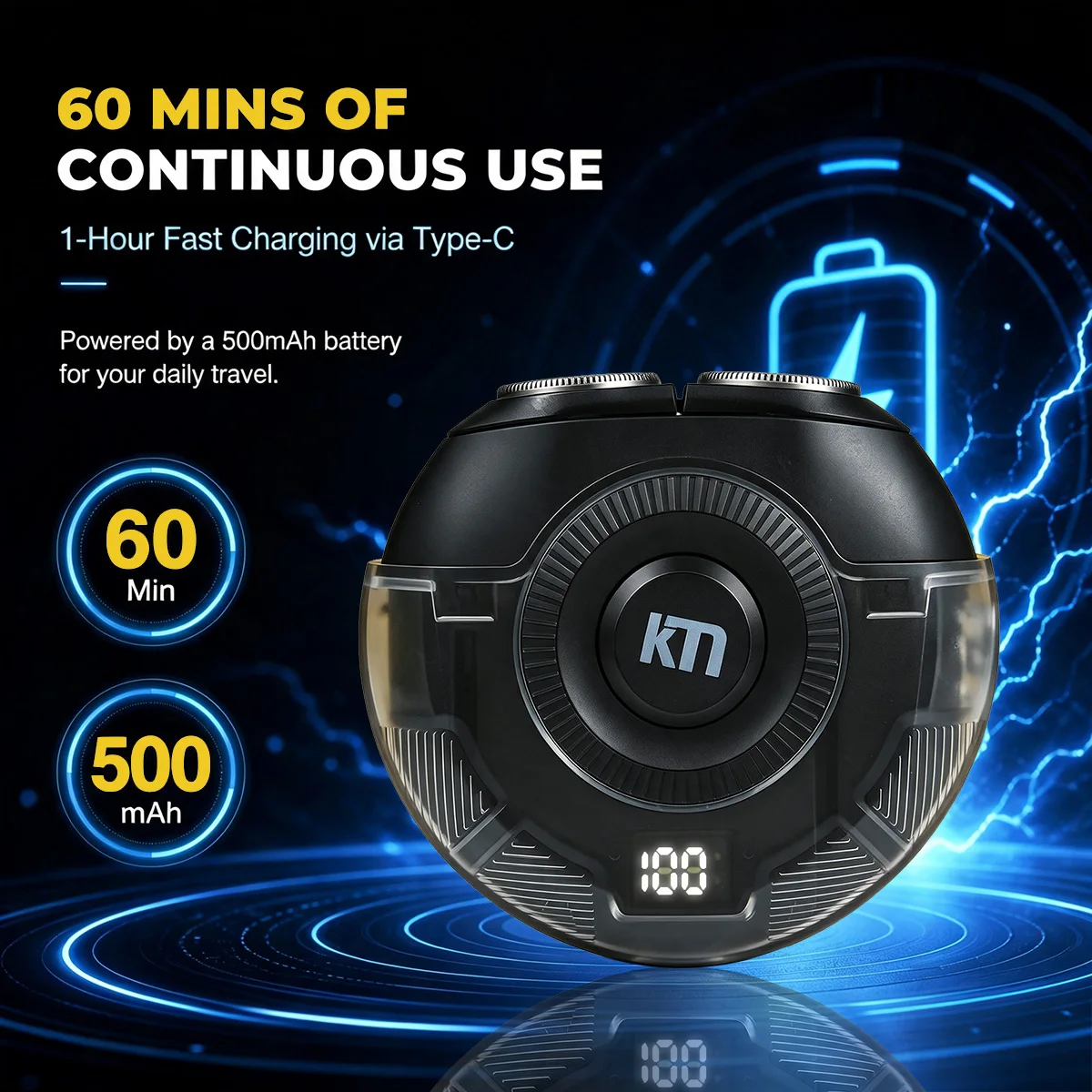 Фото Мини-электробритва Kemei KM-T71 для мужчин, 8000 об/мин, 8 Вт, LED-дисплей, водонепроницаемость IPX7, профессиональная бритва, спиннер, для барбершопа. №5